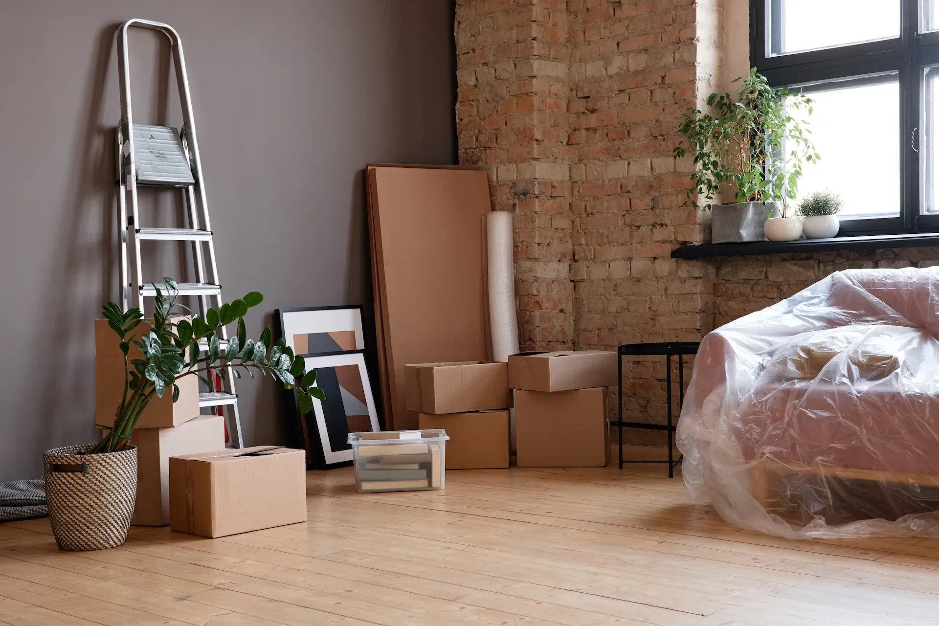Moving day still life with ladder and boxes — preparing to inspect