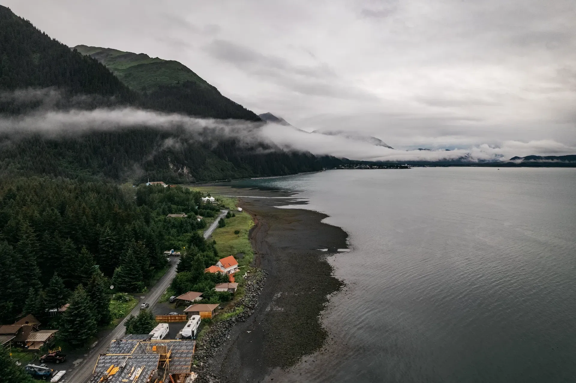 Foggy morning over a rural Alaska town — Eagle River suburban character